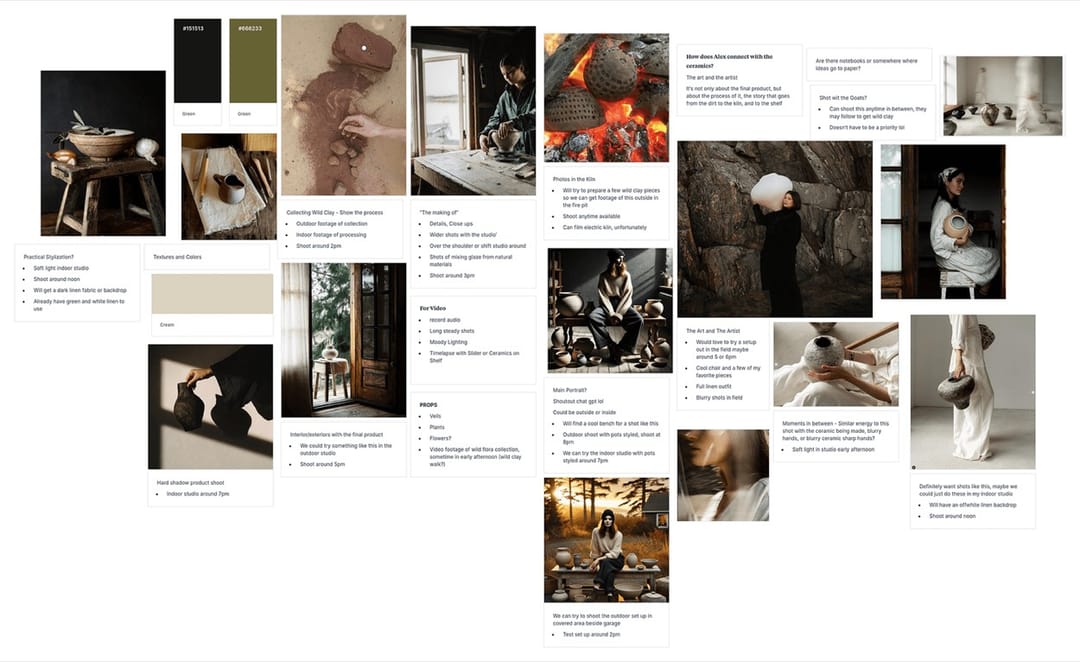Mood board with reference photos and notes for the Alex Roby branding shoot