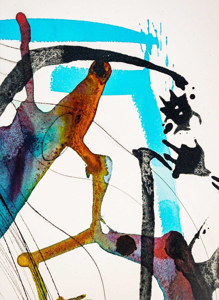 Painting by Annina Roescheisen, amber and turquoise forms with black ink splashes