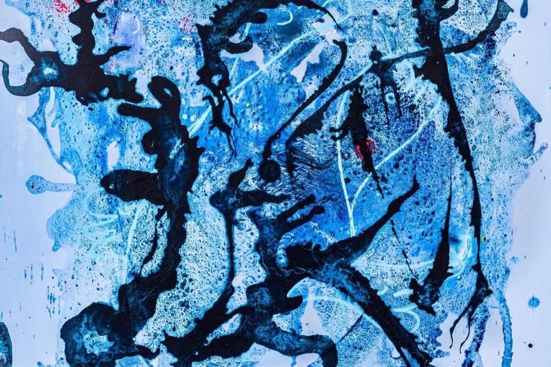 Painting by Annina Roescheisen, black brushwork across pale blue