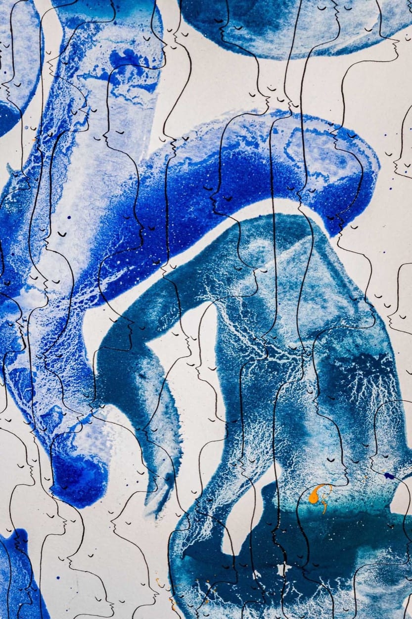 Painting by Annina Roescheisen, deep blue figures over a white field