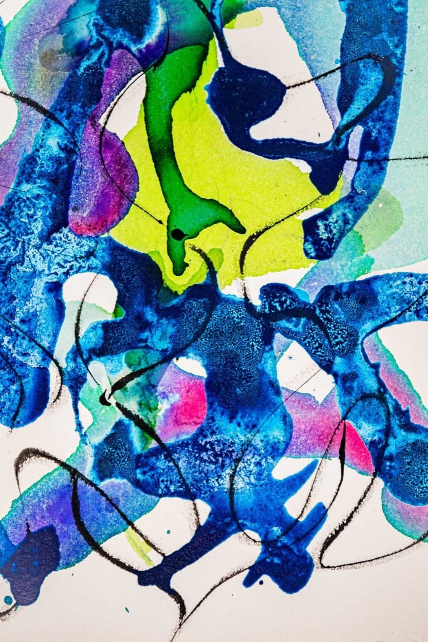 Painting by Annina Roescheisen, swirls of blue, yellow and pink