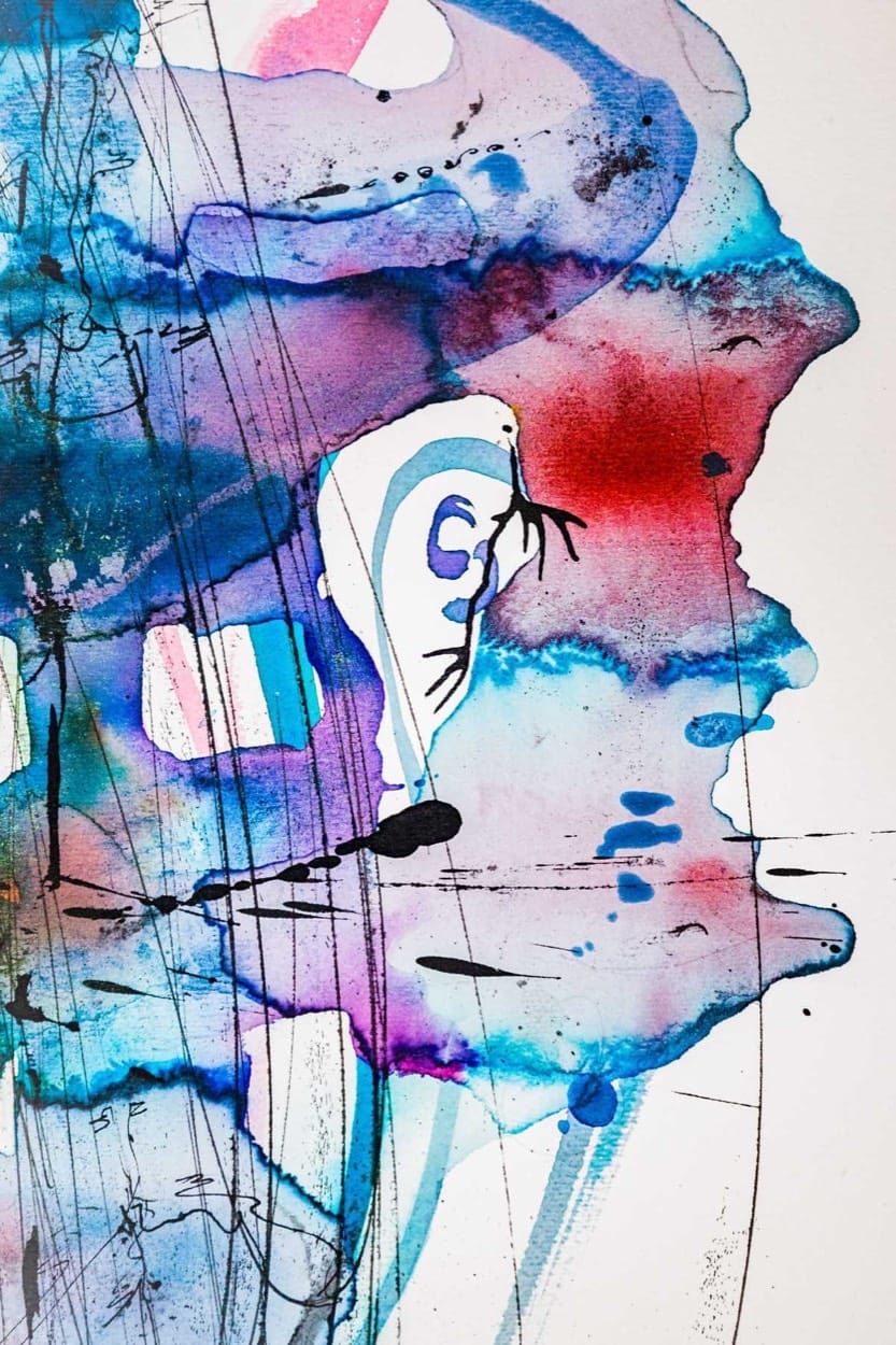 Painting by Annina Roescheisen, washes of blue, red and pink with fine black lines