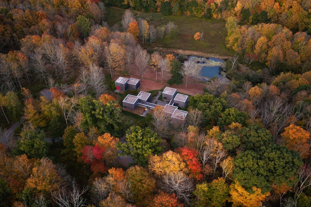 Casa moderna de cubos de madera vista desde el aire, en medio de un bosque otoñal junto a un estanque